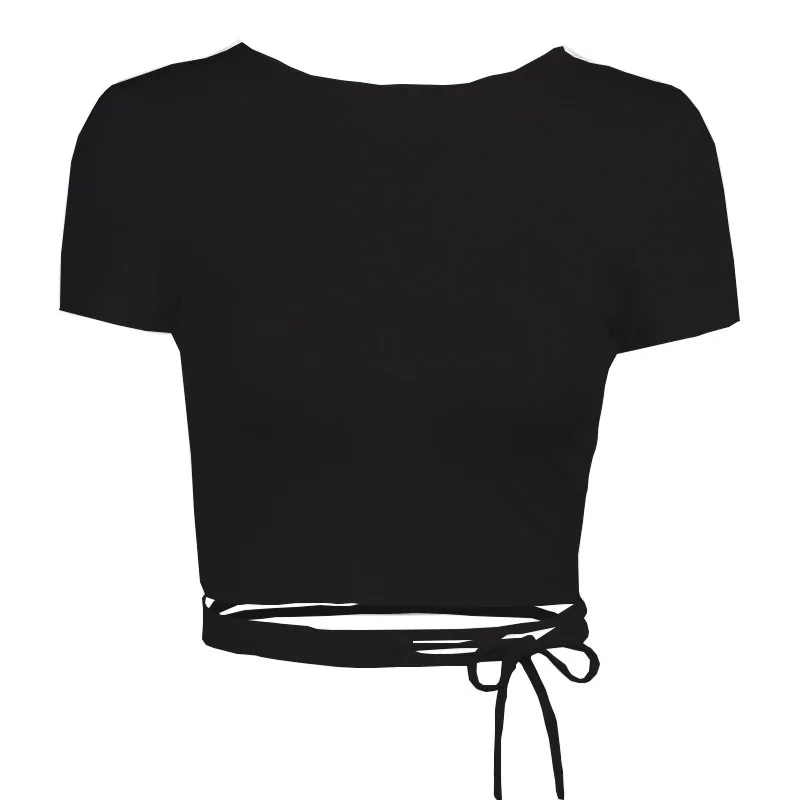 

Open Back Sexy Crop Tops Summer Women Ladies Bandage Lace-Up Backless Solid Basic Pullover T Shirt Club High street Slim Tee Top