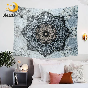 BlessLiving Mandala Decorative Tapestry Black and Blue Wall Hanging Floral Printed Tapestry for Home Flower Wall Carpet Dropship 1