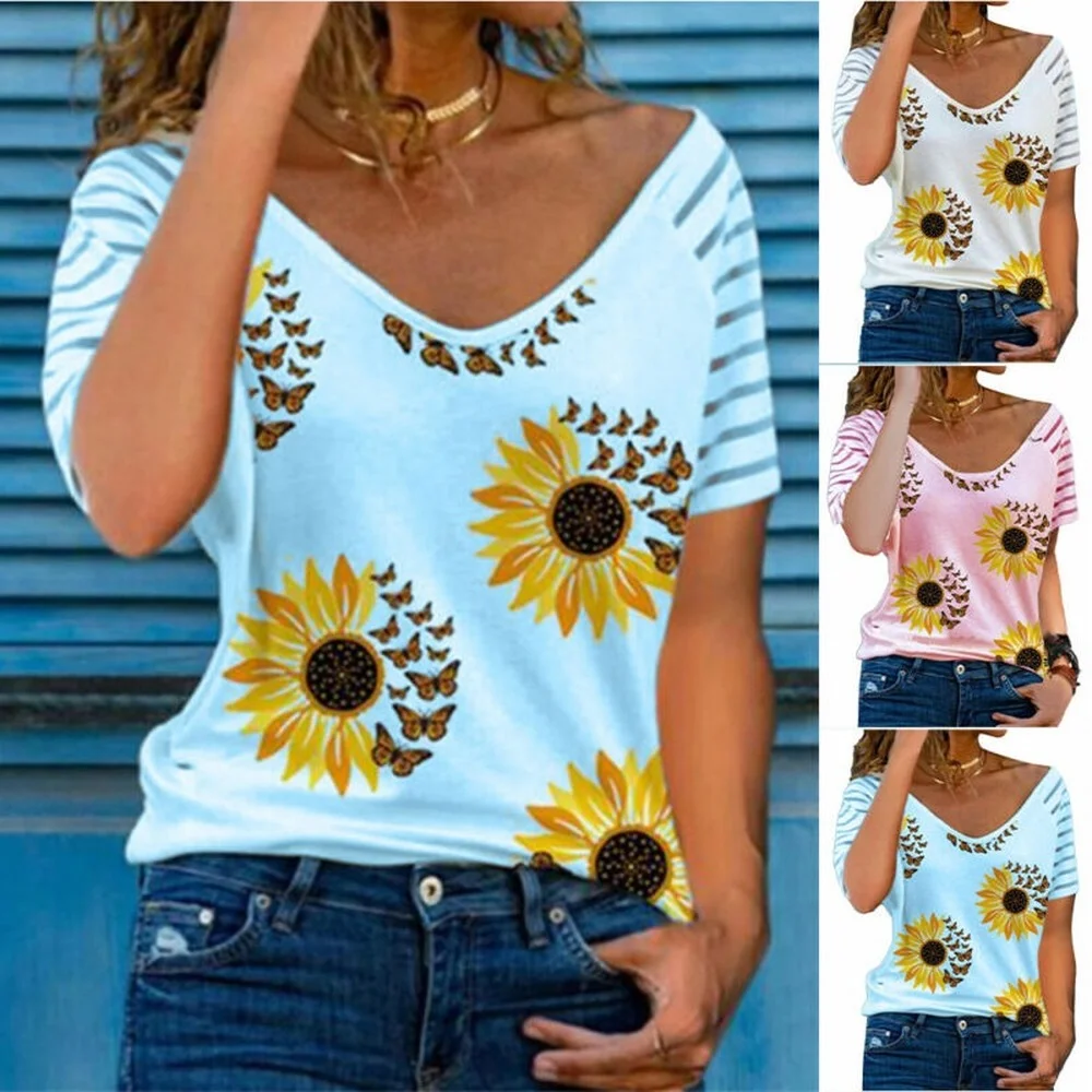 

Women's Short Sleeve Print T-shirt V-neck Blouse Summer Ladies Casual Tee Tops