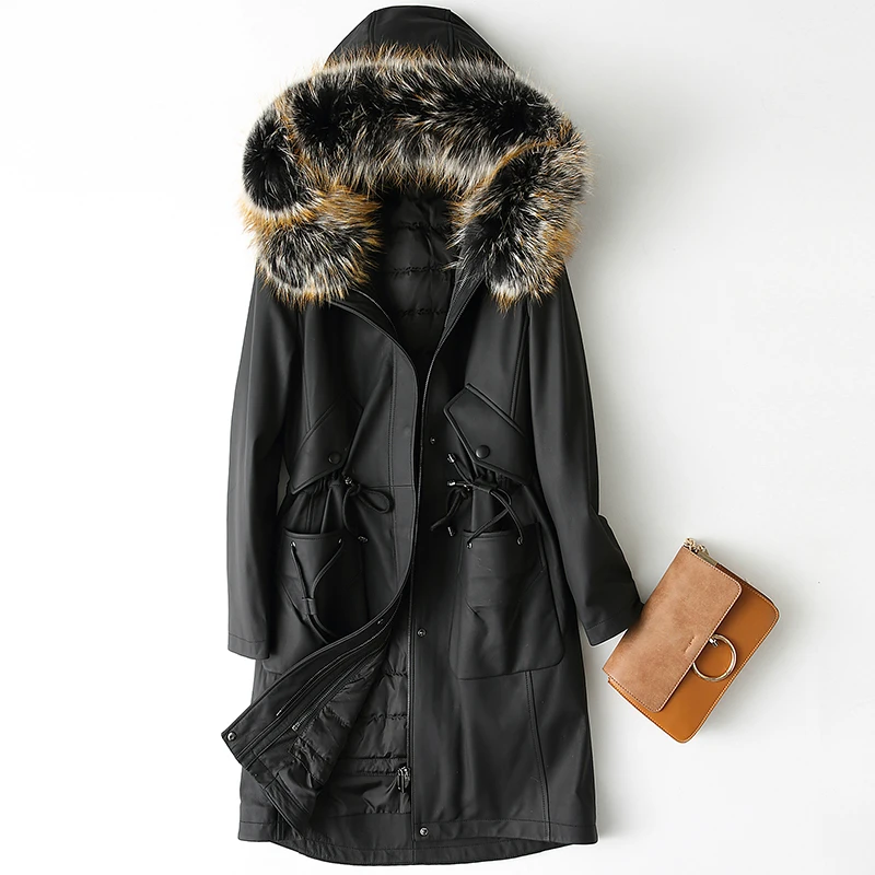 Женская длинная куртка из натуральной кожи зимние пуховики с капюшоном и