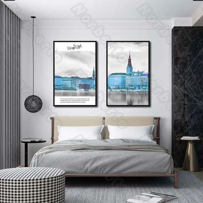 

Modern City Canvas Painting Wall Poster Chinese Style Blue Buildings Along The River for Living Room Bedroom Wall Decoration