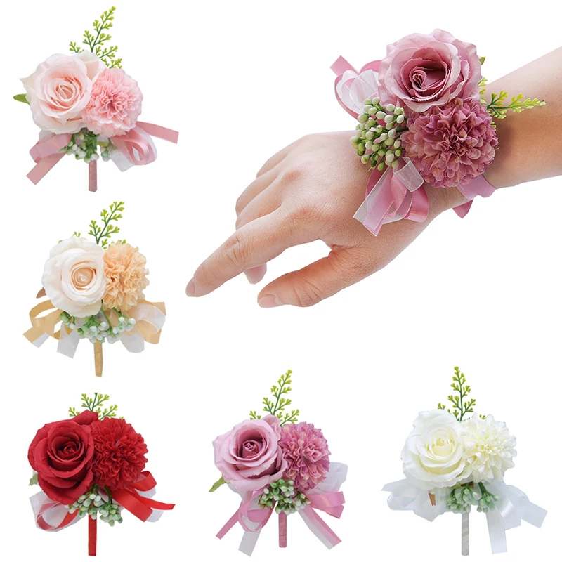 

Wedding Bridal Wrist Corsage Accessories Bridesmaid Girls Bracelet Man Boutonniere Groom Party Silk Flower BroochSafety Pins