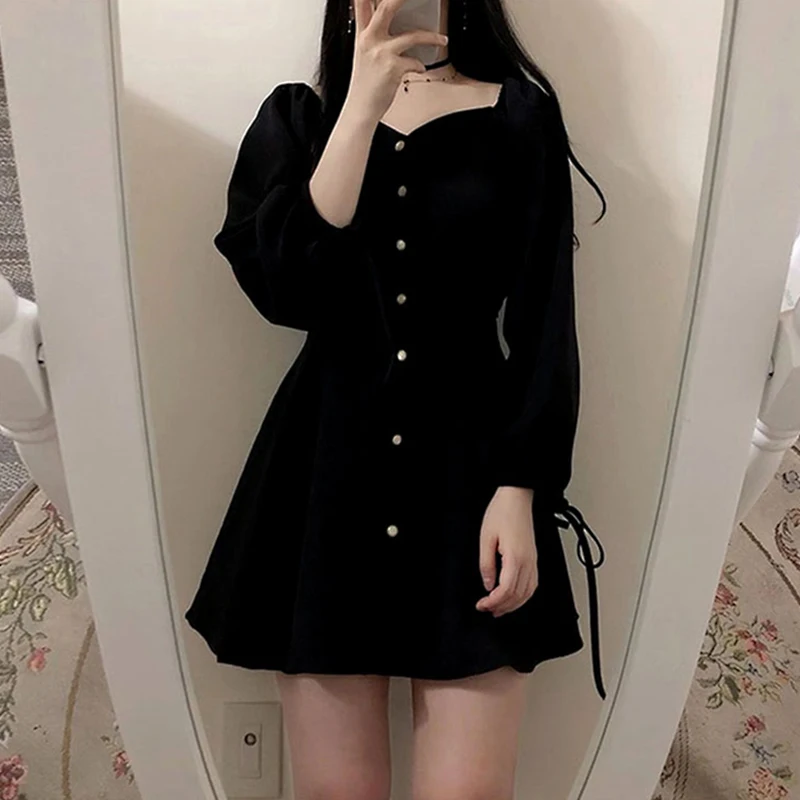 

Dress Women Vintage Solid Daily Empire Elegant Black BF Oversized Classy Retro Fashion Charm Female Clothes Long Sleeve