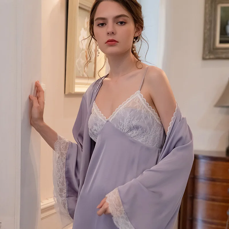 

Autumn and Winter Sexy V-neck Dungaree Dress Silk Lace Nightgown Leisure Tops Two-Piece Bath Clothes