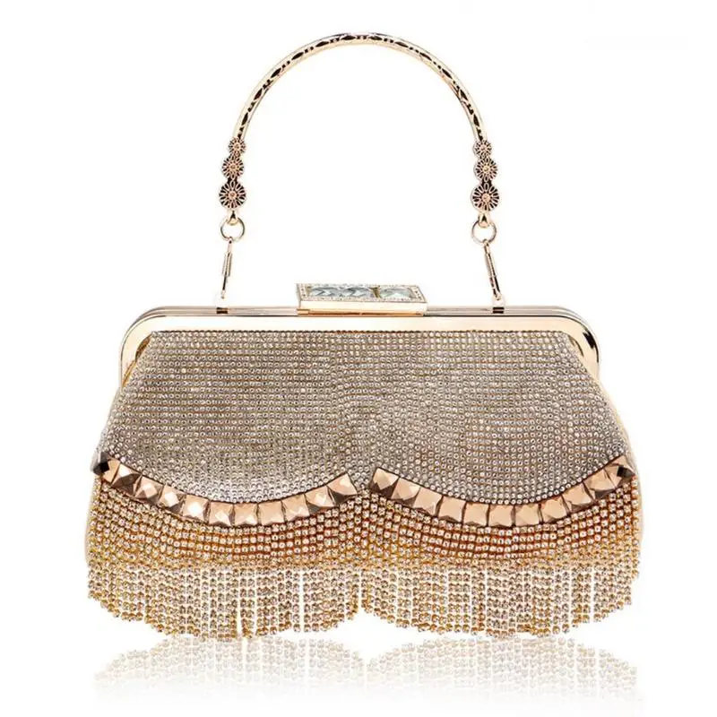 

Gold Clutch Bag Banquet Bag Luxury Designer Rhinestone Beaded Tassel Evening Bag Hot