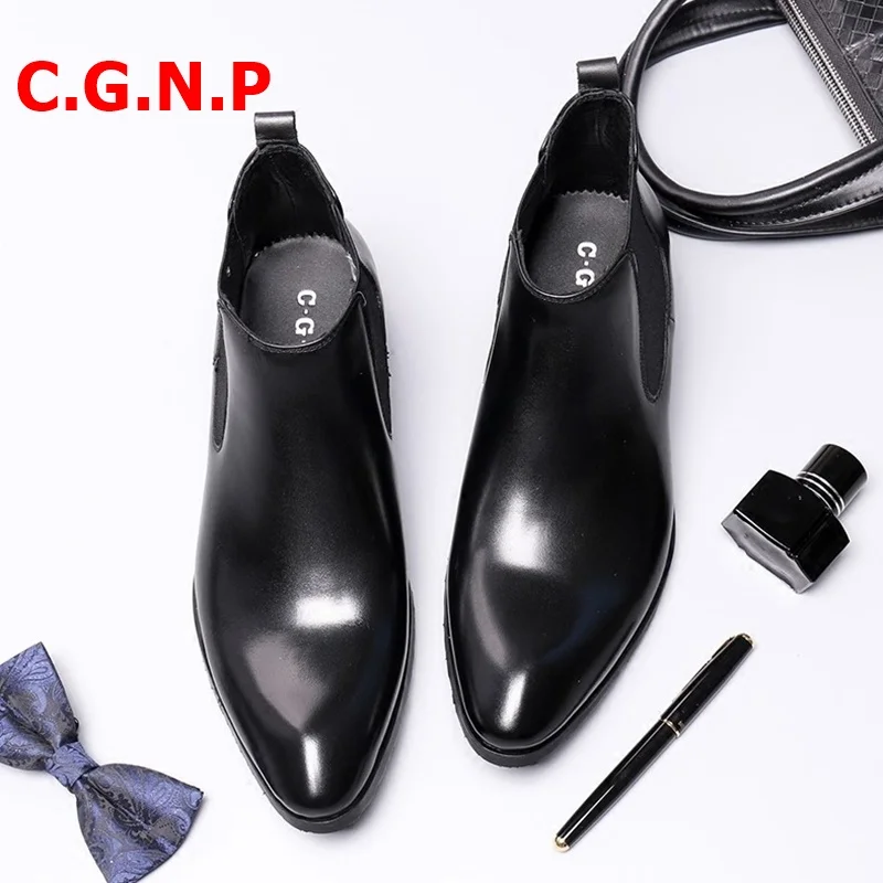 

C.G.N.P Short Mens Boots Luxury Genuine Leather Pointed Toe Ankle Boots Breathable Handmade Chelsea Boots Men Dress Shoes