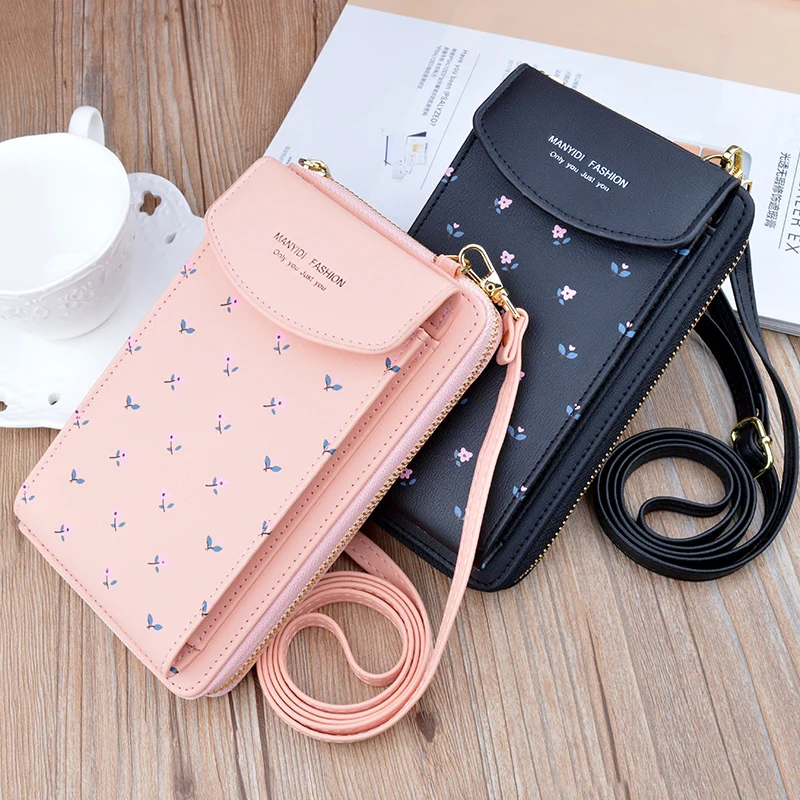 

2020 Women Wallet Flower Print Leather Shoulder Straps Shoulder Bag Mobile Phone Big Card Holders Wallet Handbag Pockets Girls