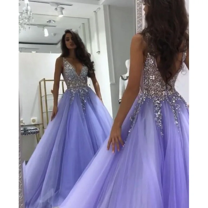 

Shiny Beaded Ctystal Sexy Lavender Tulle Long Prom Dresses Custom Made Evening Party Gowns Plus Size Backless Prom Dress