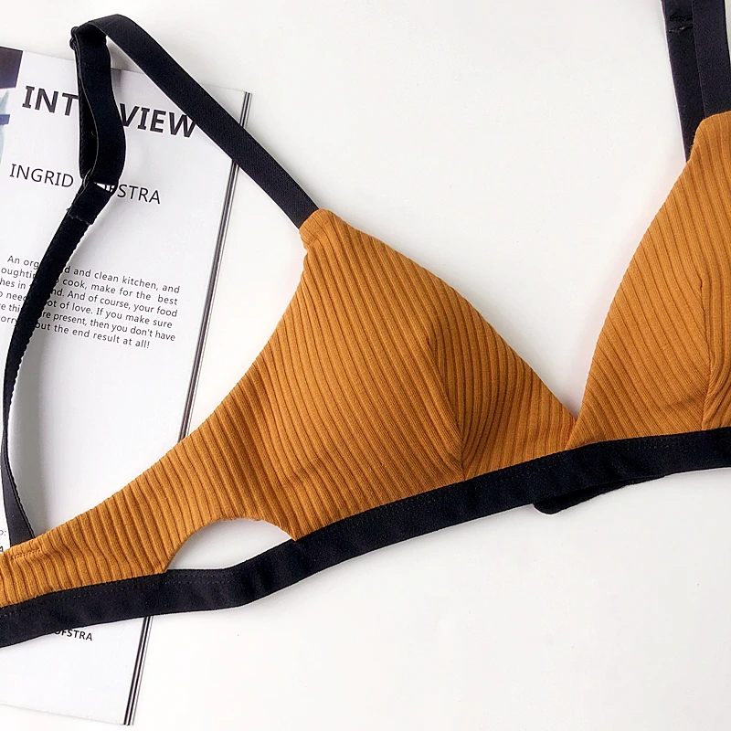 Французский спортивный стиль Bralette контрастного цвета хлопок Ребристое нижнее белье полые Triangel чашки без стали женское белье набор
