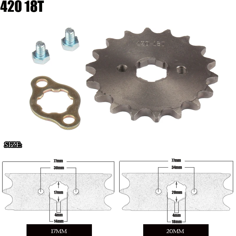 

Motorcycle Front Engine Sprocket 420 17mm 20mm 18 Tooth for Stomp Upower Dirt Pit Bike ATV Quad Go Kart Moped Buggy Scooter