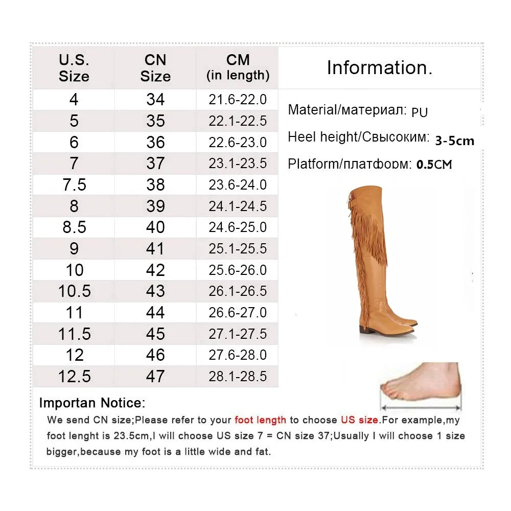 Женские сапоги выше колена с бахромой однотонные на плоской подошве острым