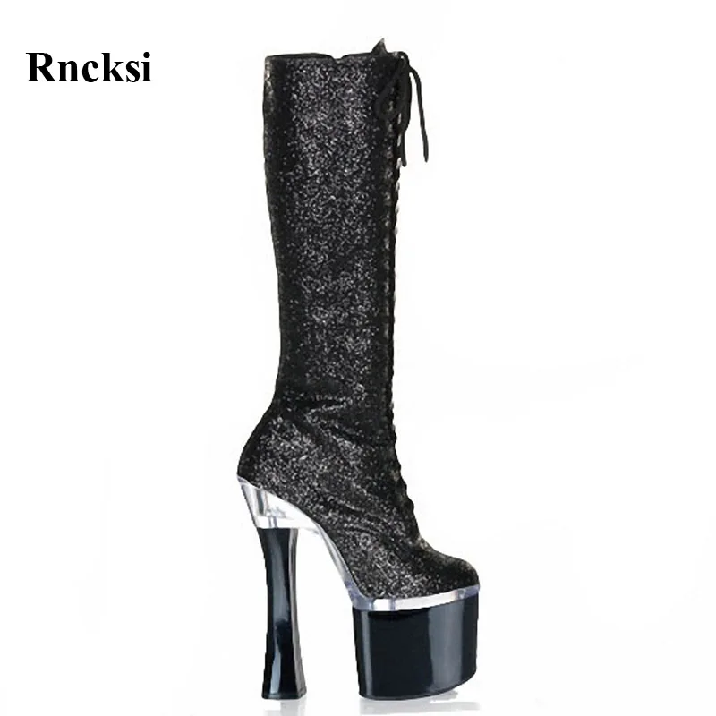 

Rncksi Round Toe Boots Party Quee Chick Square Heels Shoes Women's Boots Back Dance Shoes 18cm Heels High Knee High Boots