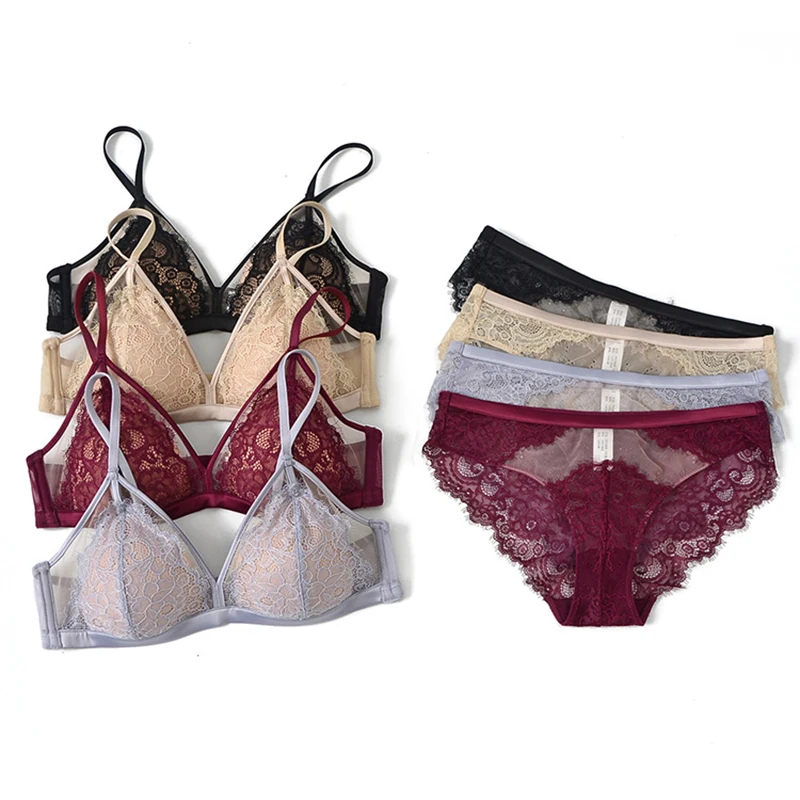 

2020 European and American New Style Eyelashes Lace French No Steel Ring Triangle Cup Plus Size Bra Set Sexy Underwear Women