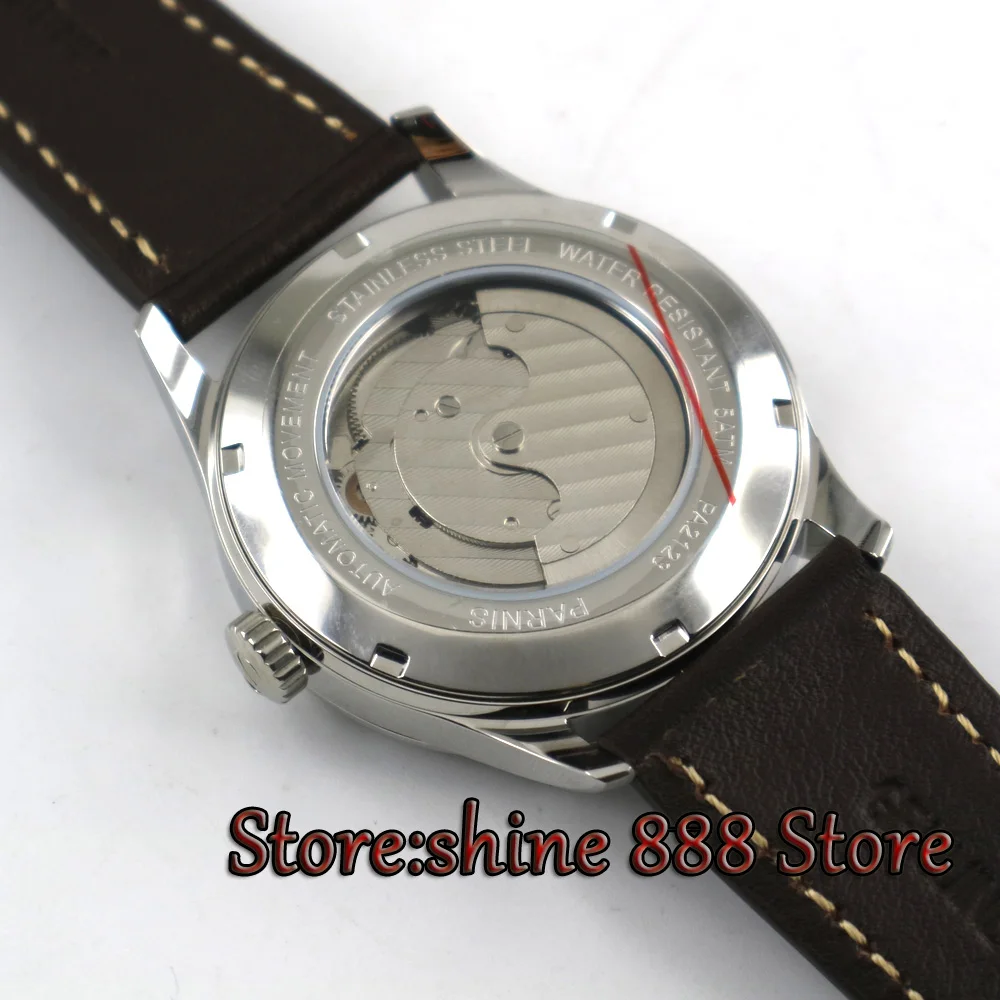 

42mm parnis white dial Black strap date window leather ST1731 automatic mens watch
