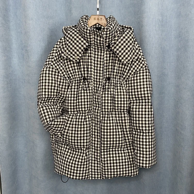 Winter 2021 New Black White Plaid Down Coat Women's Mid-Length Loose Thick Ehite Duck Down Jacket Fashion Drawstring Tide s1244