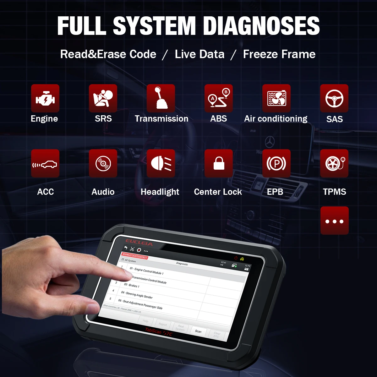 Автомобильный сканер EUCLEIA S7C OBD2 Профессиональный Полный комплект систем подушка