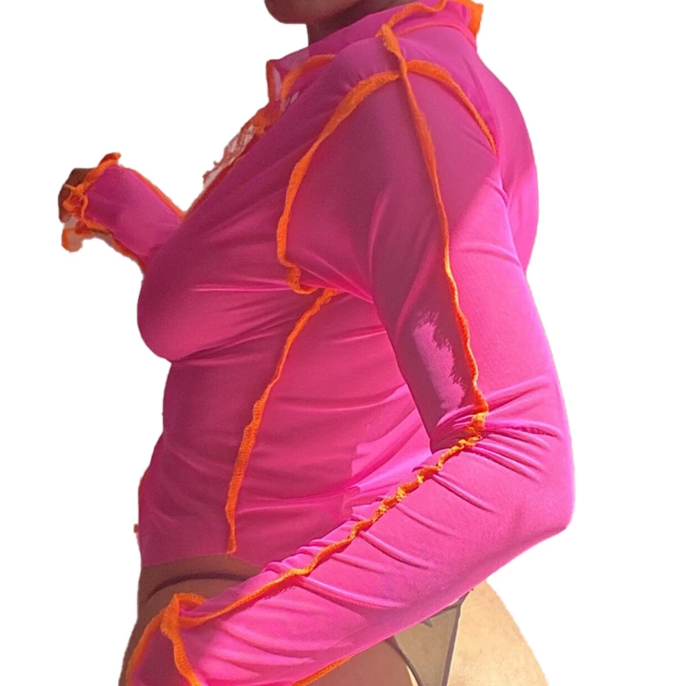 

Women Mesh Top, See-Through Shirt, Ruffle Deep Neck Long Sleeve Pleated Summer Girls Sun-Proof Smock