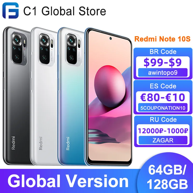Глобальная версия Xiaomi Redmi Примечание 10S телефона 64 Гб/128 ГБ 64MP Quad камеры 6 43