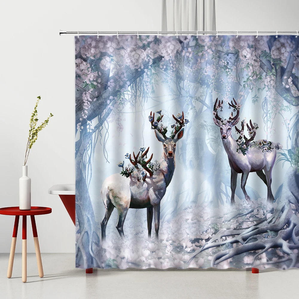 

3D Animal Shower Curtain Elk Tree Dream Forest Pattern Washable Polyester Fabric Bathtub Decor Set With Hooks Bathroom Curtains