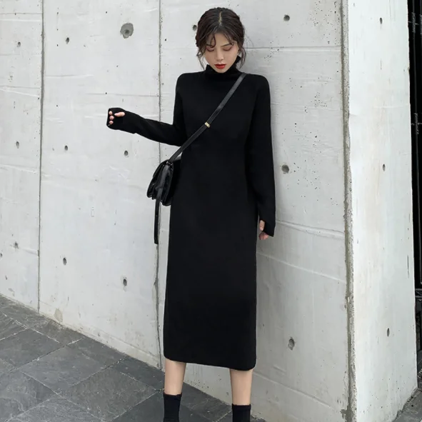 Женское вязаное платье свитер с высоким воротником Свободный пуловер длинными