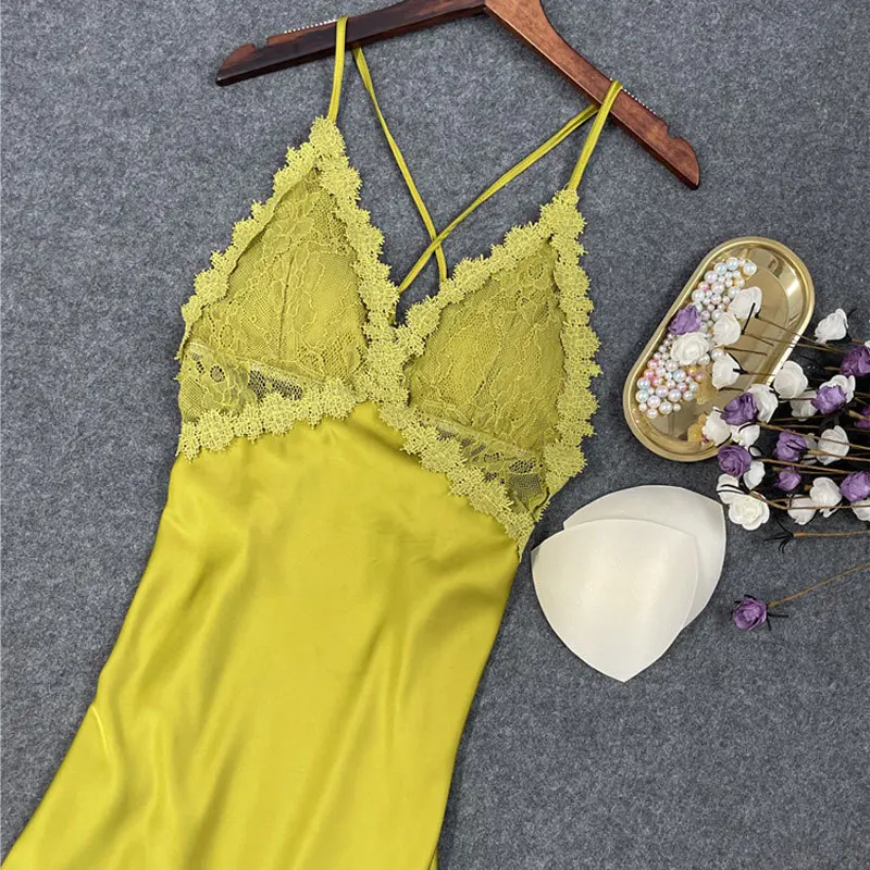 

Summer Sexy Strap Top Women Nightgown Lace Floral Trim Lingerie Nightdress Short Rayon Sleepshirts Skirt Bride Inside Home Dress