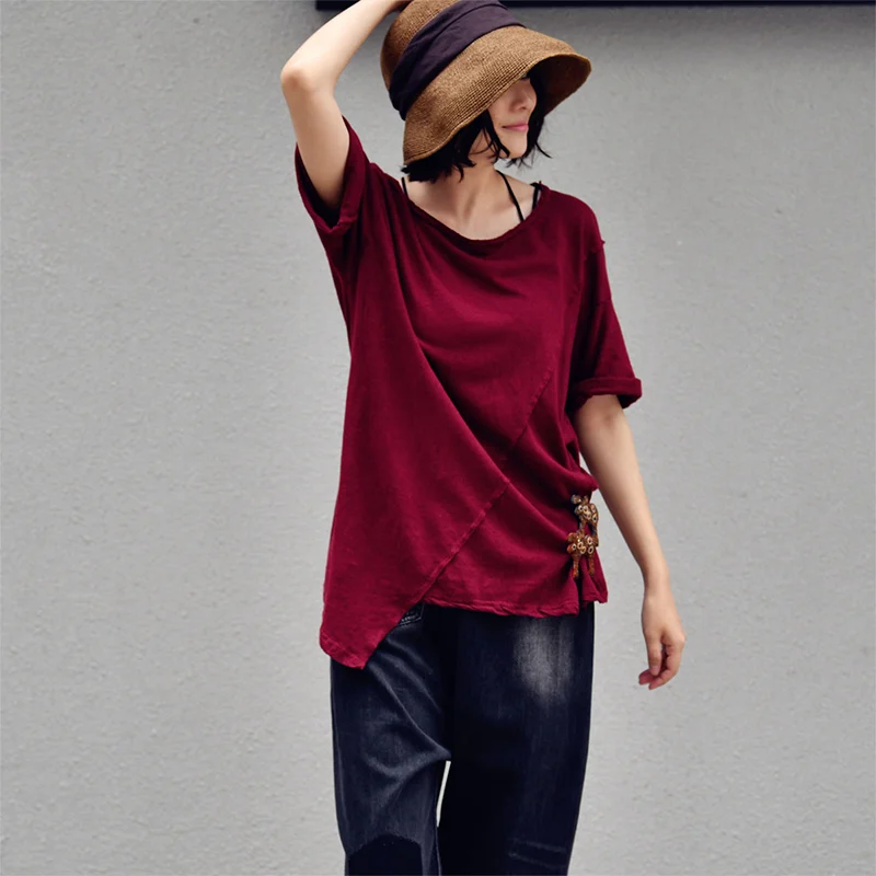 Футболка с круглым вырезом и короткими рукавами из хлопка льна MICOCO T1020C | Женская