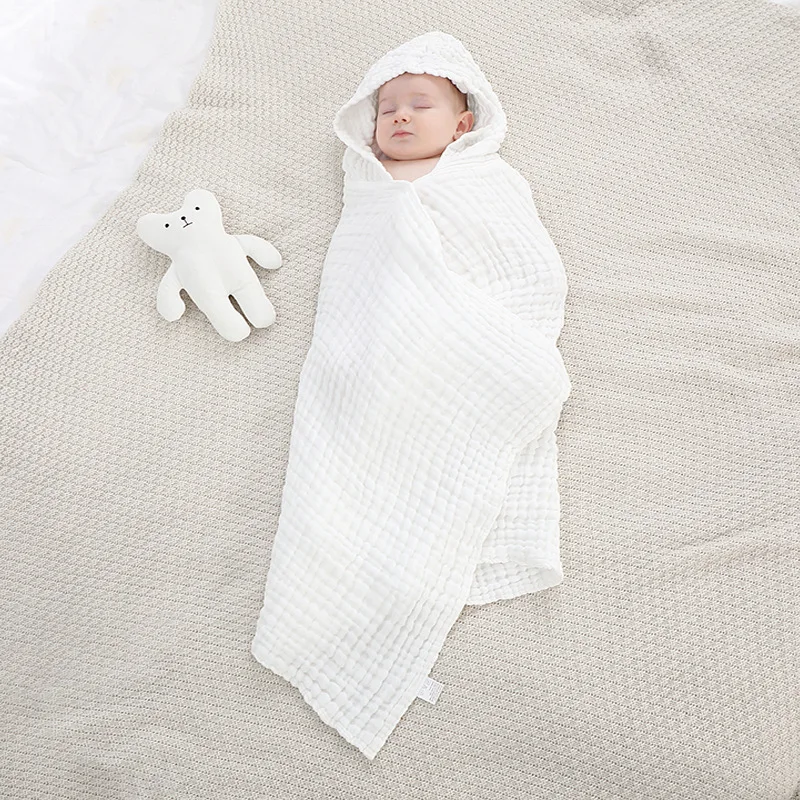 

70*140CM Six Layer Gauze Hooded Cape Newborn Swaddle Cotton Baby Pure White Pink Blue Color Cover Blanket Children Bath Towel