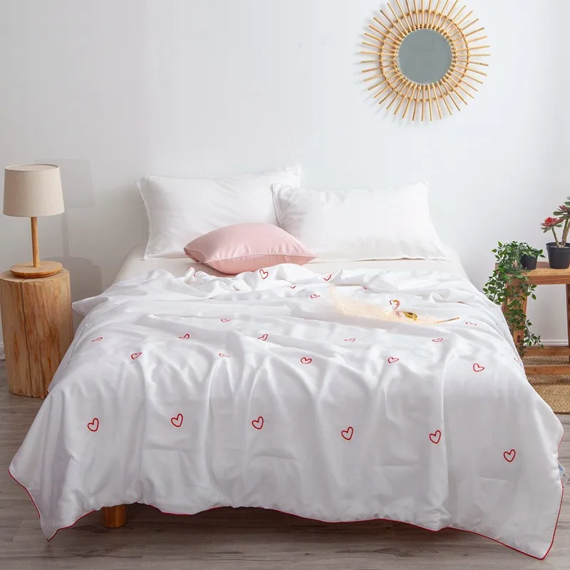 

Summer Soft Quilt Light Luxury Fashion Simple Embroidery Love Cool Air-conditioned Quilt Red Love Nap Blanket Solid White Pink