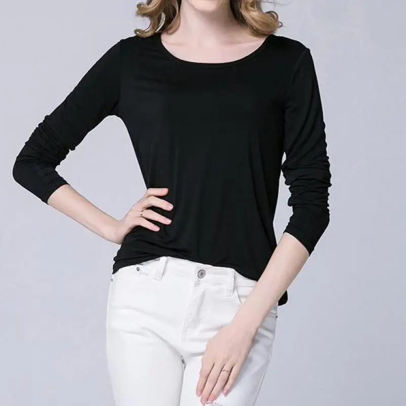 Осенняя одежда с длинными рукавами однотонная Модальная свободная круглым