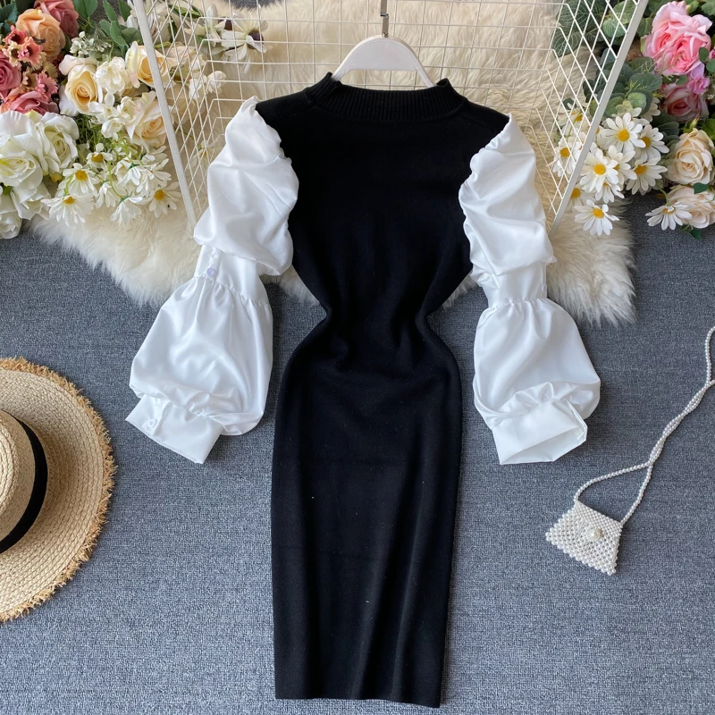 OCEANLOVE 2020 Striped Bodycon Party Dress Korean Sexy Knitted Patchwork Vestidos Spring Autumn Puff Sleeve Dresses Slim 13679 | Женская