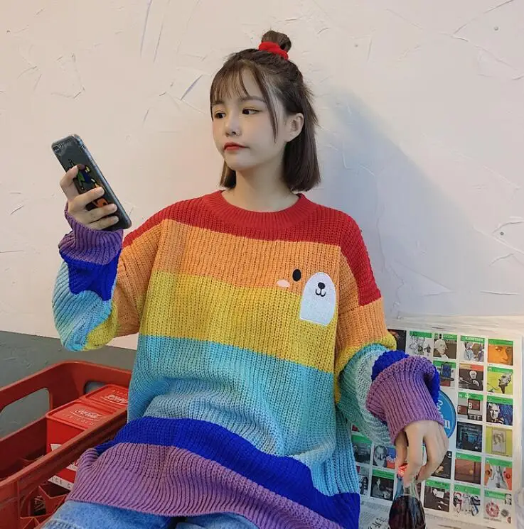 New cute bear expression embroidery vitality rainbow striped round neck knitted sweater | Женская одежда