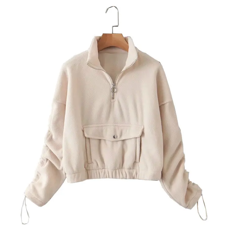 

2020 States Lazy Loose Stand Collar Zipper Cuffs Drawstring Tops Pocket Decoration Casual Slim Jacket Women Sweatshirt