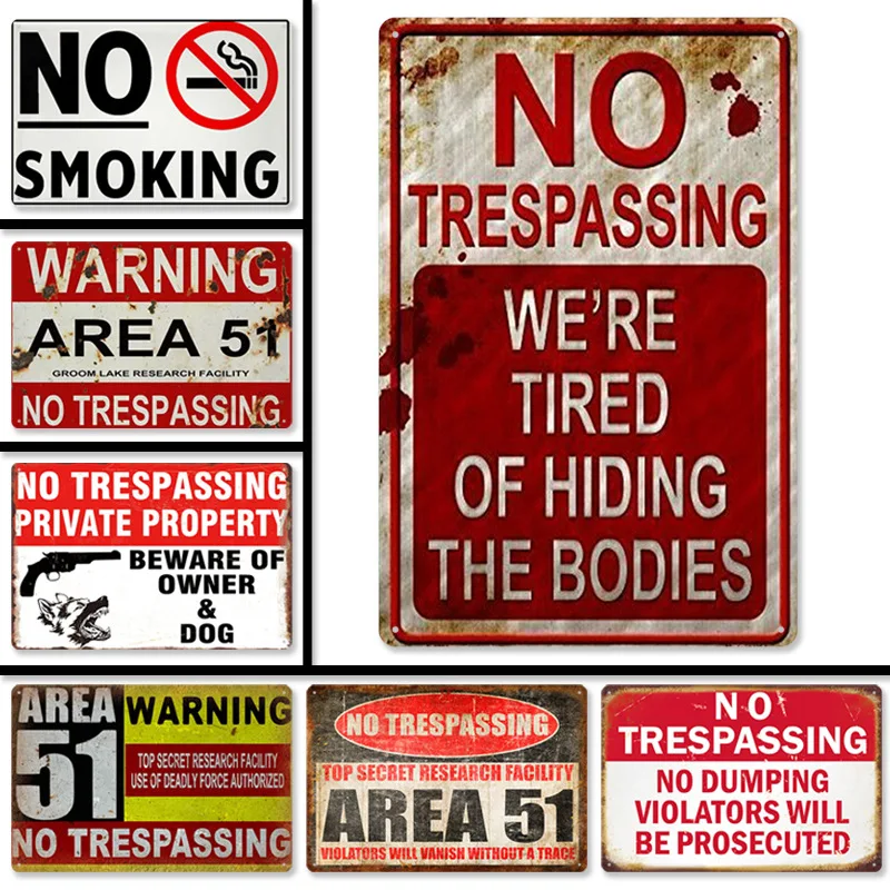 

No Trespassing Retro Public Warning Signs Iron Sheet Plaque Frameless Tin Painting Art Mural Background Wall Decoration