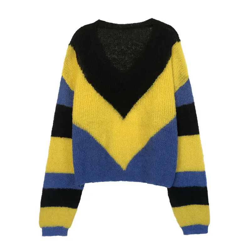

V-neck Stitching Loose Woman Sweaters Pullover Drop Shoulder Sleeve Knitted Sweater Street Winter Sweater Clothing