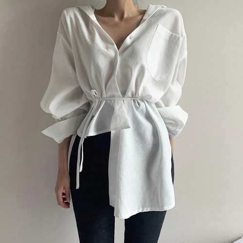 white SuperAen/женские рубашки в Корейском стиле; однобортные однотонные нестандартные Хлопковые женские блузки и топы; Новинка года - Цвет: white