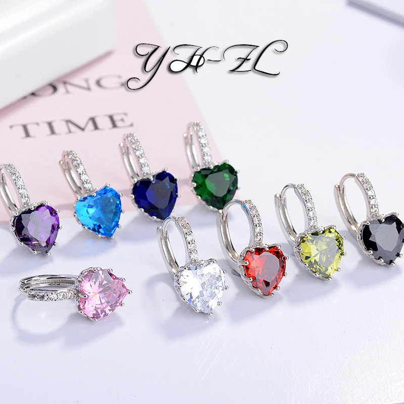

YH-ZL Simple Luxury Fashion 925 Sterling Silver Sparkling 9 COLOR Zircon HEART Drop Earrings For Women brincos pendientes