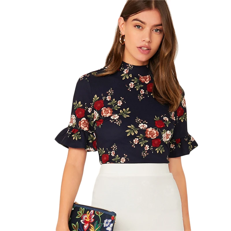 SHEIN abaya/темно-синяя гофрированная манжета с круглым вырезом, футболка с цветочным принтом, топ, женский летний рукав-Волан женские, облегающие элегантные футболки, топы