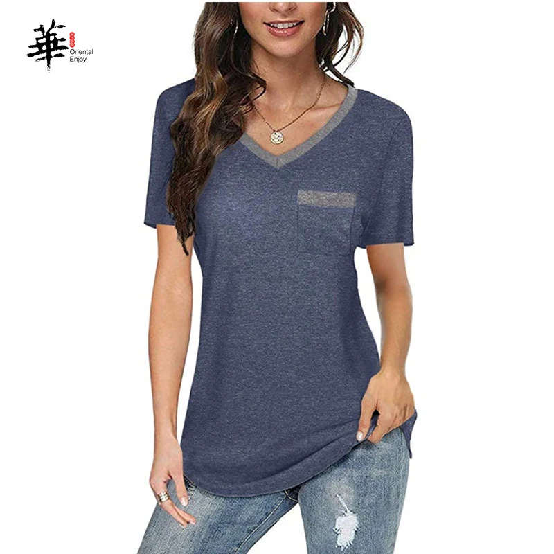 

Women T Shirt Casual Summer Fashion V Neck Plus Size Loose Top Fashion Women Top with Pocket Short Shirt