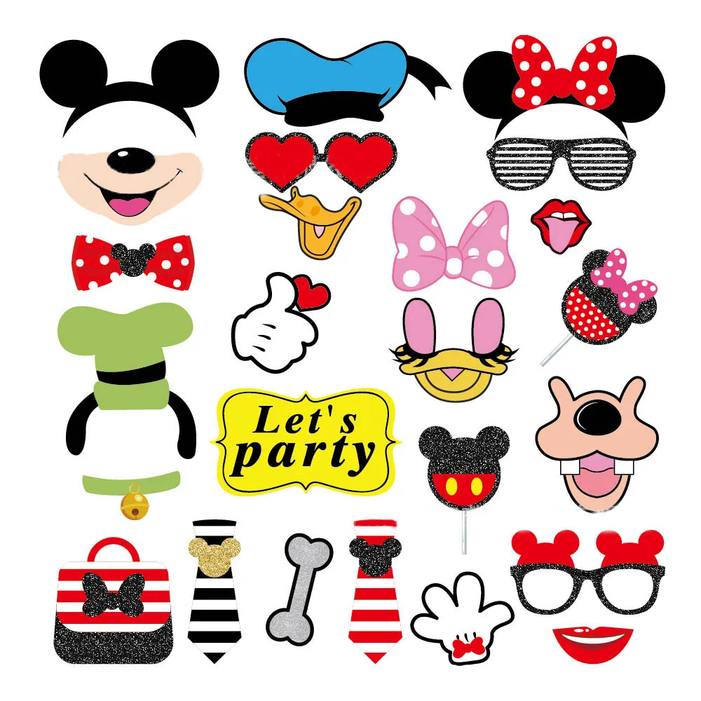 25Pcs Mickey Mouse Friends Photo Booth Props with Stick Theme Selfie Props Minnie Birthday Party Supplies Photography Backdrop