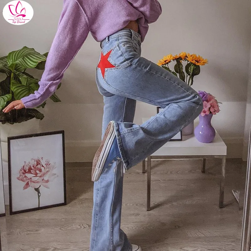 

90s Vintage Star Patchwork Wide Leg Jeans Women High Waist Denim Mom Jeans Casual Streetwear Y2K Aesthetic Trousers
