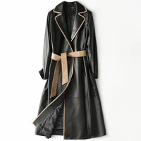 womens real leather slim long spring sheepskin coat black high quality jacket with belt high end temperament new windbreaker