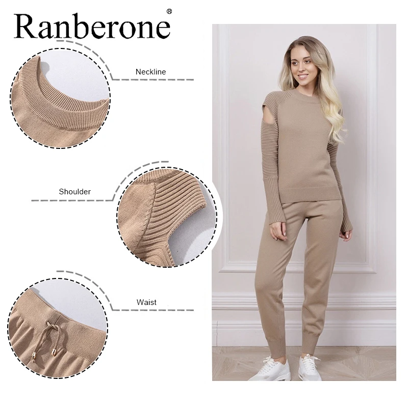 Ranberone 2 Piece Sport Suit Female Cold Shoulder Sweatshirt Top + Casual Pants Outfits Set Fitness Women's Tracksuit Womenswear