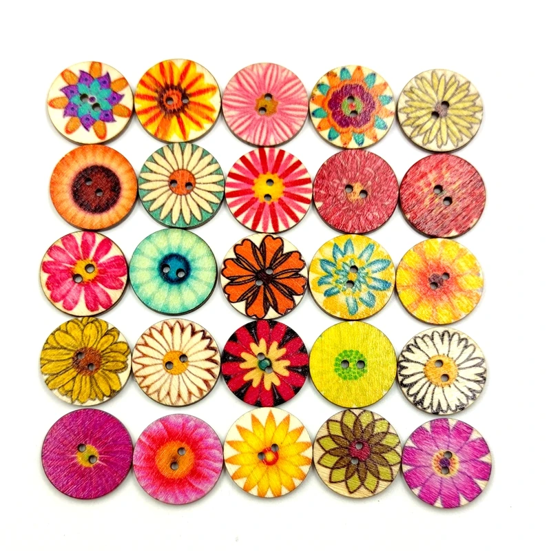 

100pcs round two-hole button clothes hand-sewn printed daisy wood buttons diy clothing decoration accessories
