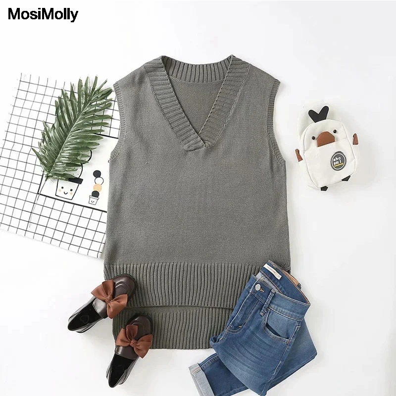 

MosiMolly cool knit vest sweater women autumn winter jumper v neck loose knit tank tops pullover loungewear