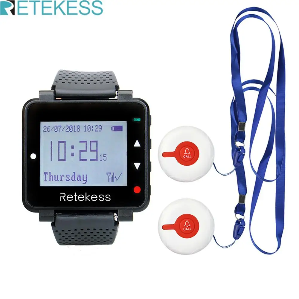 Retekess Caregiver Pager Nurse Calling System Sound Alert T128 Watch Receive+2Pcs TD009 Call Buttons For Elderly Patient