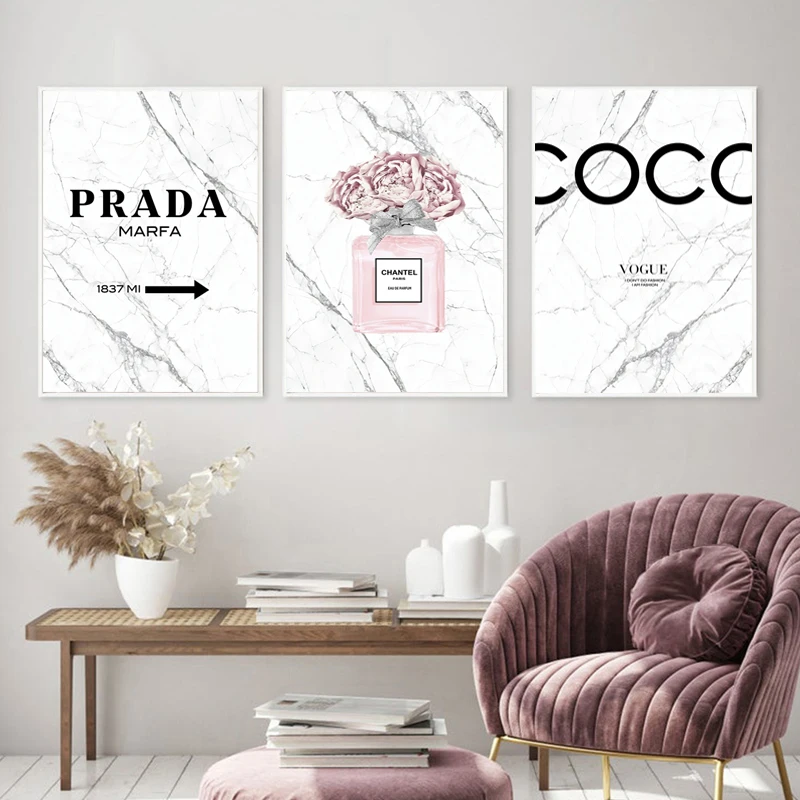 

Nordic Fashion Printing Posters Pink Perfume Bottles Print Vogue Quotes Canvas Painted Wall Artwork Girl Room Decoration
