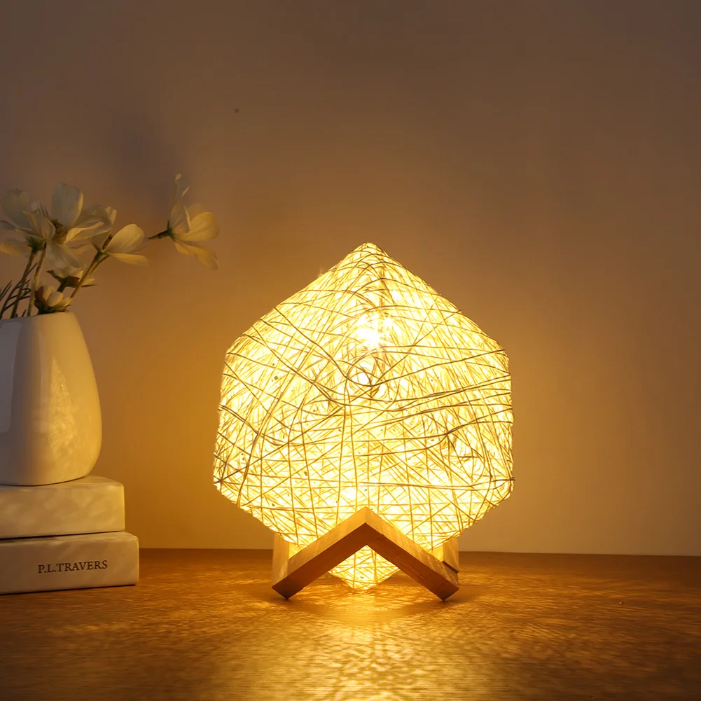 

Nordic LED Square Bracket Bamboo Rattan Kitting Night Light Table Lamp Creative Bedside Starry Sky Projection Lamp Home Decor