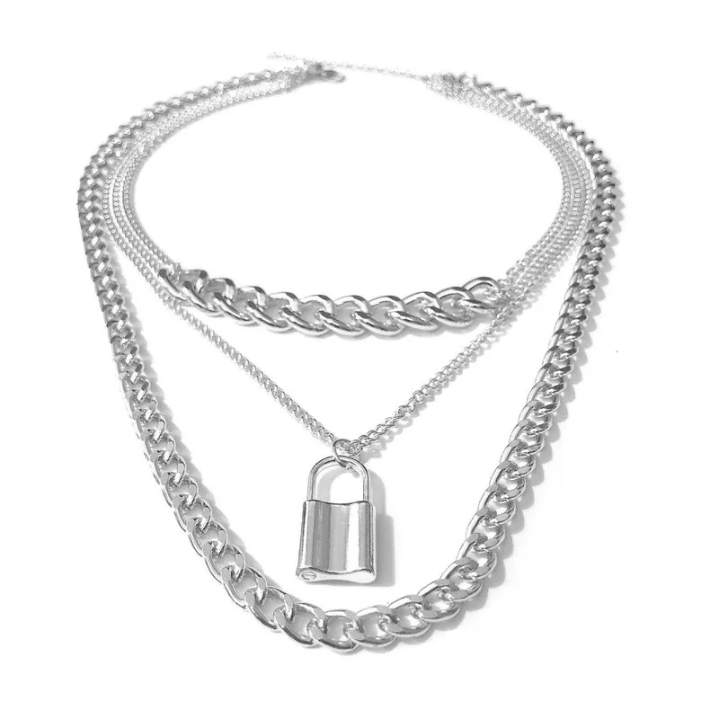 

Accessories Multilayer Retro Street Snap Sautoir Female Personality Wafer Lock Metal Geometry Shape Necklace