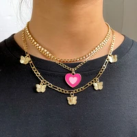 boho gold color metal butterfly crystal chain necklace for women multi layer dripping oil heart pendant necklace trendy jewelry