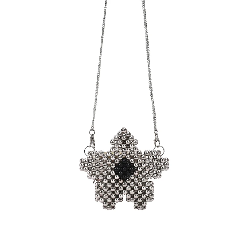 

2021 Autumn New Solid Color Chain Small Bag For Women Trend Hand Bag Women's Branded Trending Silver Beaded Bag and Purses
